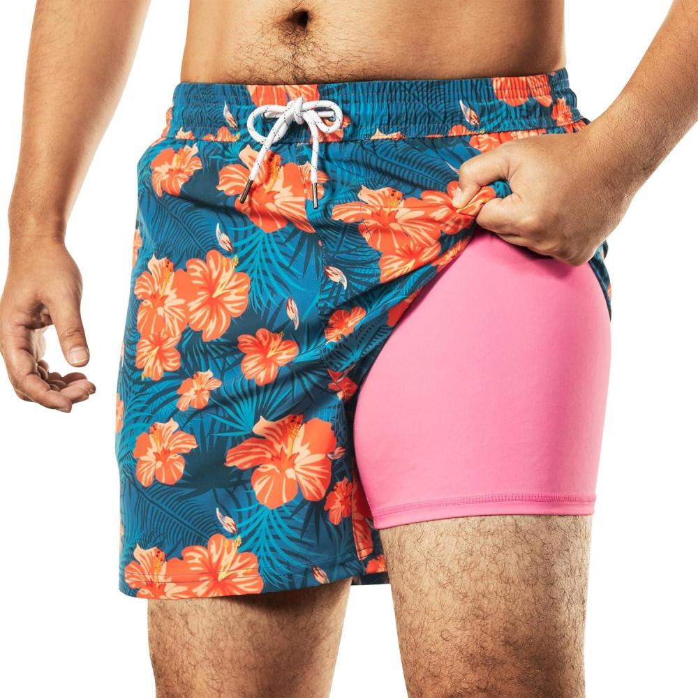 imageBRISIRA Mens Swim Trunks 5 Inch Compression Liner Beach Swim Shorts Bathing Suit Breathable Quick Dry Zipper PocketDenimblue Yellowfloral