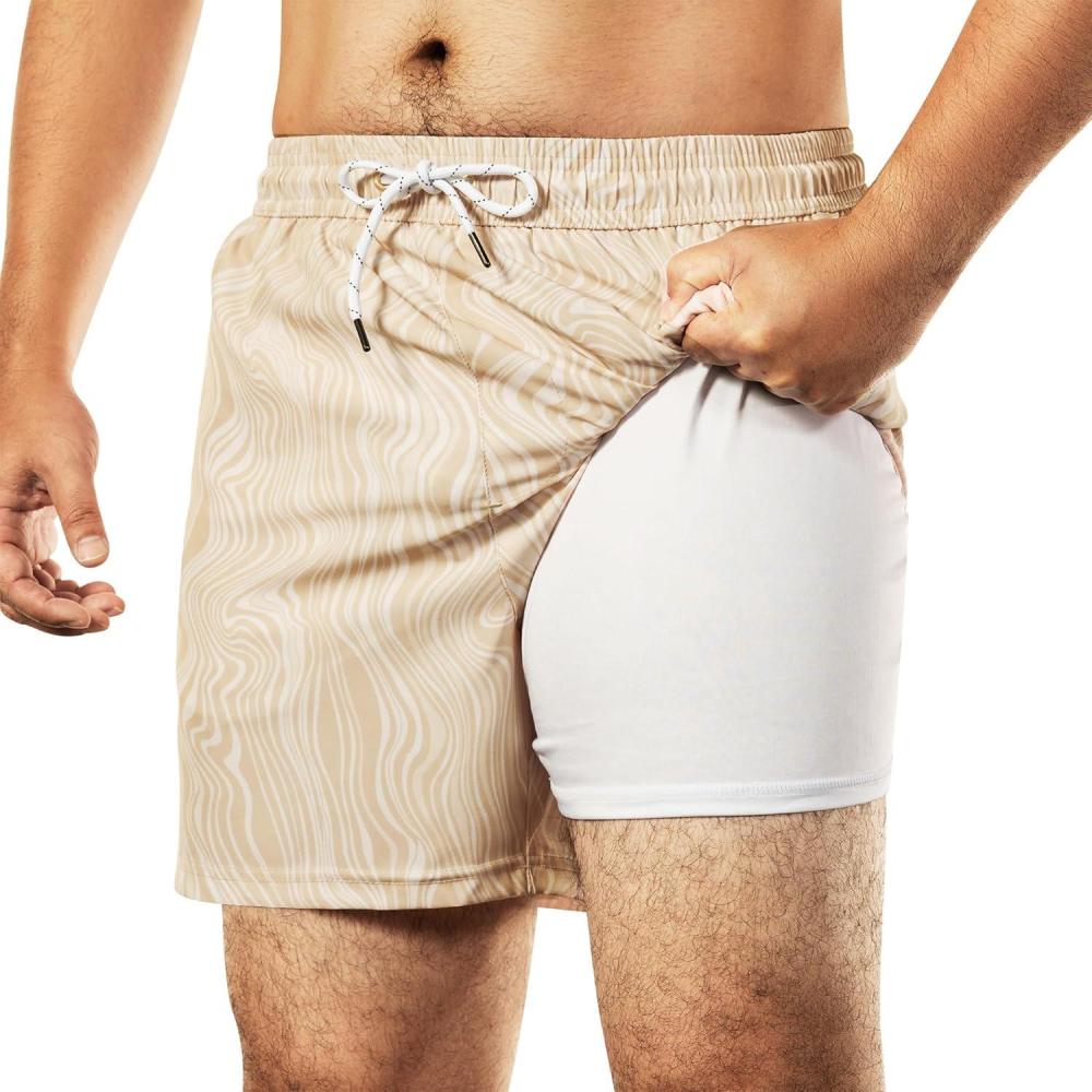 imageBRISIRA Mens Swim Trunks 5 Inch Compression Liner Beach Swim Shorts Bathing Suit Breathable Quick Dry Zipper PocketKhaki Ripple