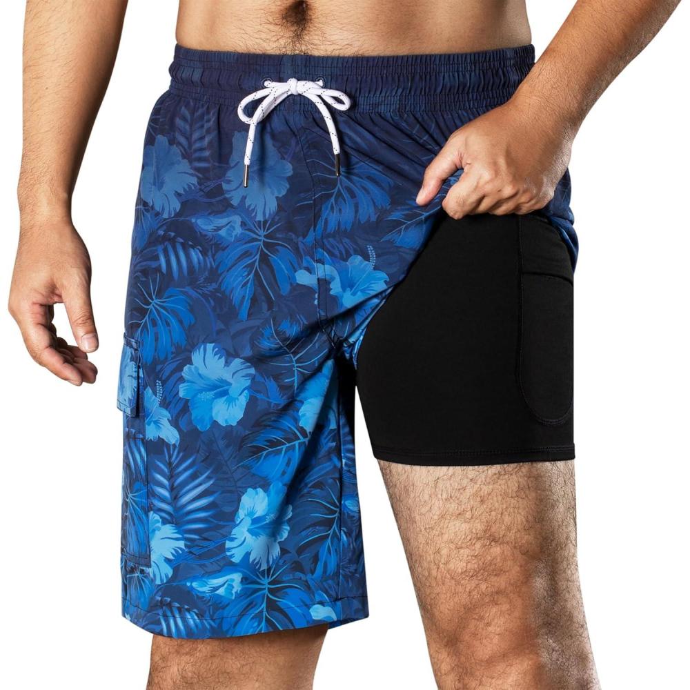imageBRISIRA Mens Swim Trunks 9 Inch Compression Liner Long Board Shorts Swimwear Bathing Suit AntiChafe Quick Dry Cargo PocketBlackblue Flower
