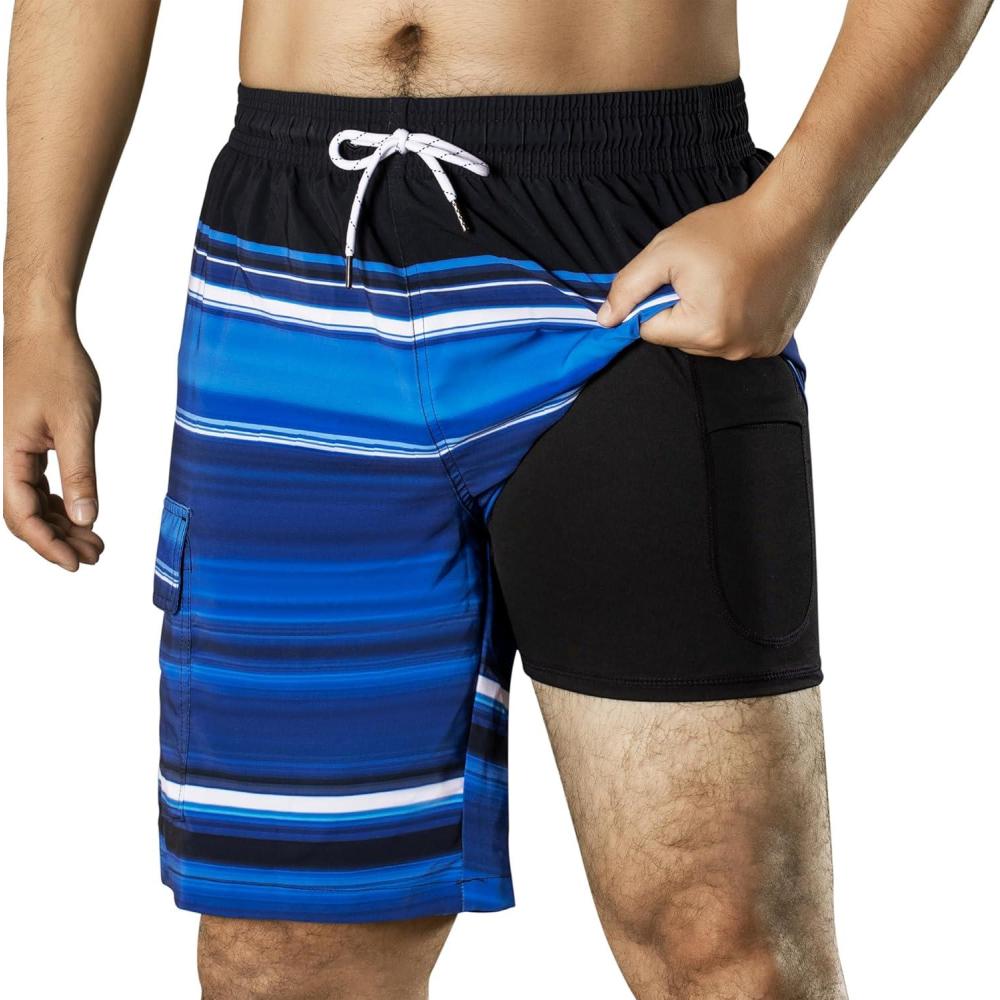 imageBRISIRA Mens Swim Trunks 9 Inch Compression Liner Long Board Shorts Swimwear Bathing Suit AntiChafe Quick Dry Cargo PocketBlackblue Stripe