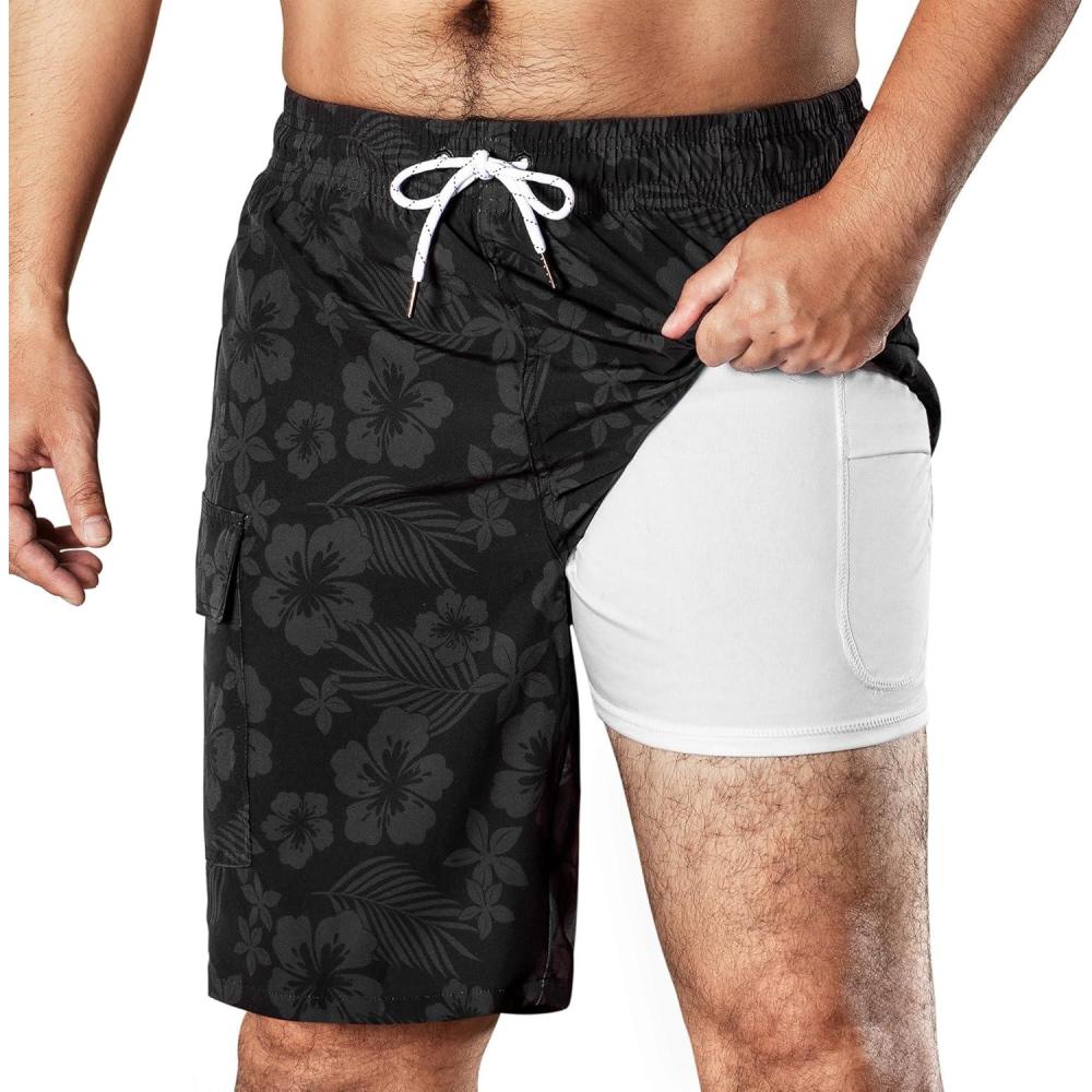 imageBRISIRA Mens Swim Trunks 9 Inch Compression Liner Long Board Shorts Swimwear Bathing Suit AntiChafe Quick Dry Cargo PocketBlackgray Flower
