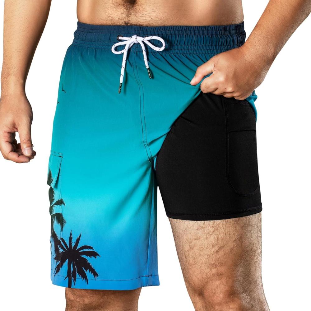 imageBRISIRA Mens Swim Trunks 9 Inch Compression Liner Long Board Shorts Swimwear Bathing Suit AntiChafe Quick Dry Cargo PocketBluegradientpalmtree