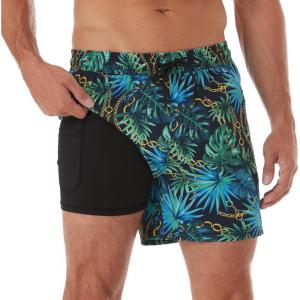 imageBRISIRA Mens Swim Trunks 5 Inch Compression Liner Beach Swim Shorts Bathing Suit Breathable Quick Dry Zipper PocketBlackgreentropical