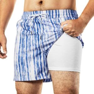 imageBRISIRA Mens Swim Trunks 5 Inch Compression Liner Beach Swim Shorts Bathing Suit Breathable Quick Dry Zipper PocketBluewhite Tiedye