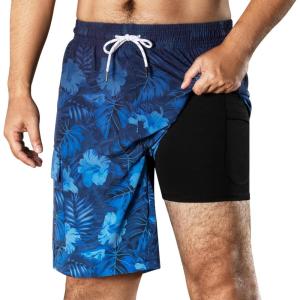 imageBRISIRA Mens Swim Trunks 9 Inch Compression Liner Long Board Shorts Swimwear Bathing Suit AntiChafe Quick Dry Cargo PocketBlackblue Flower