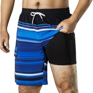 imageBRISIRA Mens Swim Trunks 9 Inch Compression Liner Long Board Shorts Swimwear Bathing Suit AntiChafe Quick Dry Cargo PocketBlackblue Stripe