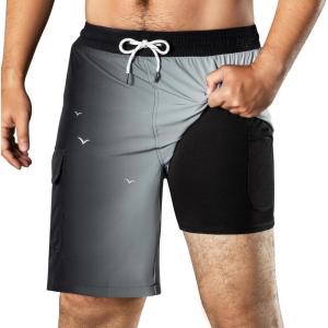 imageBRISIRA Mens Swim Trunks 9 Inch Compression Liner Long Board Shorts Swimwear Bathing Suit AntiChafe Quick Dry Cargo PocketBlackgradientpalmtree