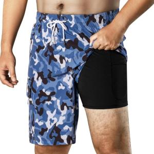 imageBRISIRA Mens Swim Trunks 9 Inch Compression Liner Long Board Shorts Swimwear Bathing Suit AntiChafe Quick Dry Cargo PocketBlue Camouflage