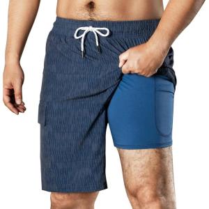 imageBRISIRA Mens Swim Trunks 9 Inch Compression Liner Long Board Shorts Swimwear Bathing Suit AntiChafe Quick Dry Cargo PocketBlue Darkstripes