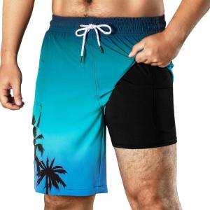imageBRISIRA Mens Swim Trunks 9 Inch Compression Liner Long Board Shorts Swimwear Bathing Suit AntiChafe Quick Dry Cargo PocketBluegradientpalmtree
