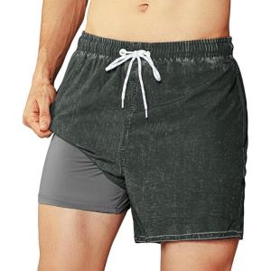 imageBRISIRA Mens Swim Trunks Washed Look Compression Liner 5 inch Swim Shorts Quick Dry Retro Bathing Suit Lightweight PocketBlack