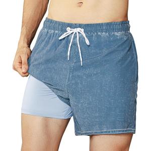 imageBRISIRA Mens Swim Trunks Washed Look Compression Liner 5 inch Swim Shorts Quick Dry Retro Bathing Suit Lightweight PocketSea Blue