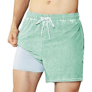 imageBRISIRA Mens Swim Trunks Washed Look Compression Liner 5 inch Swim Shorts Quick Dry Retro Bathing Suit Lightweight PocketSilt Green