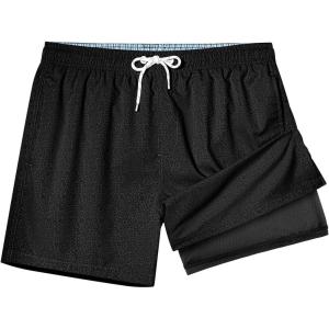 imageBRISIRA Mens Swim Trunks with Compression Liner 5quot Leopard Print Beach Shorts Quick Dry Board Shorts WaterResistant SwimsuitBlack Leopard