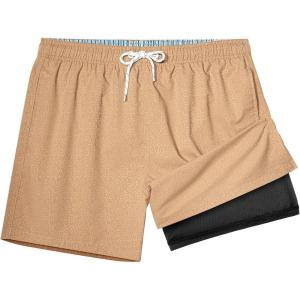 imageBRISIRA Mens Swim Trunks with Compression Liner 5quot Leopard Print Beach Shorts Quick Dry Board Shorts WaterResistant SwimsuitBrown Leopard