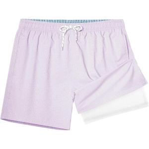 imageBRISIRA Mens Swim Trunks with Compression Liner 5quot Leopard Print Beach Shorts Quick Dry Board Shorts WaterResistant SwimsuitPurple Leopard