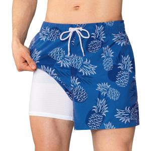 imageBRISIRA Mens Swim Trunks 5 inch Swim Shorts Quick Dry Stretch Bathing Suits with Compression Liner Board Shorts PocketsRoyal Blue Pineapple