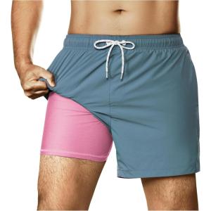 imageBRISIRA Mens Swim Trunks Nylon 5quot with Compression Liner Bathing Suit Swim Shorts Swimsuit Swimwear Quick Dry Pockets BeachNylon Blue Gray