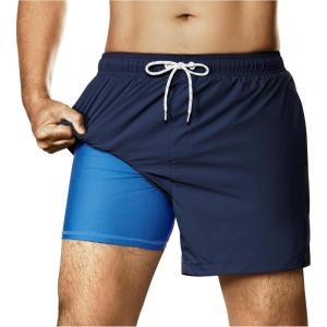 imageBRISIRA Mens Swim Trunks Nylon 5quot with Compression Liner Bathing Suit Swim Shorts Swimsuit Swimwear Quick Dry Pockets BeachNylon Dark Blue