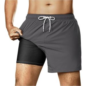 imageBRISIRA Mens Swim Trunks Nylon 5quot with Compression Liner Bathing Suit Swim Shorts Swimsuit Swimwear Quick Dry Pockets BeachNylon Dark Gray