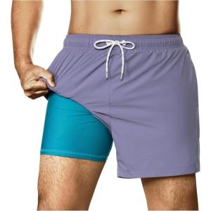 imageBRISIRA Mens Swim Trunks Nylon 5quot with Compression Liner Bathing Suit Swim Shorts Swimsuit Swimwear Quick Dry Pockets BeachNylon Purple Gray