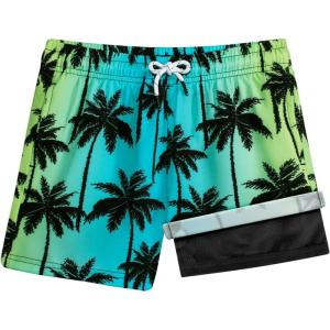 imageBRISIRA Boys Swim Trunks with Compression Liner 516 Years Youth Bathing Suit Quick Dry Swim Shorts AntiChafe PocketA Blue Green Palm Tree