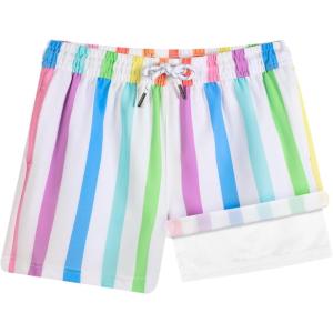 imageBRISIRA Boys Swim Trunks with Compression Liner 516 Years Youth Bathing Suit Quick Dry Swim Shorts AntiChafe PocketA White Rainbow Striped