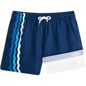 imageBRISIRA Boys Swim Trunks with Compression Liner 516 Years Youth Bathing Suit Quick Dry Swim Shorts AntiChafe PocketDark Blue Stripe