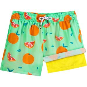 imageBRISIRA Boys Swim Trunks with Compression Liner 516 Years Youth Bathing Suit Quick Dry Swim Shorts AntiChafe PocketGreen Oranges