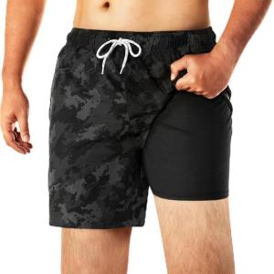 imageBRISIRA Mens Swim Trunks Swim Shorts 6 inch Compression Liner Bathing Suit AntiChafe Quick Dry Stretch PocketsBlackgrey Camo