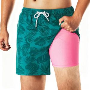 imageBRISIRA Mens Swim Trunks Swim Shorts 6 inch Compression Liner Bathing Suit AntiChafe Quick Dry Stretch PocketsGreen Palmleaf