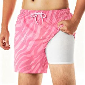 imageBRISIRA Mens Swim Trunks Swim Shorts 6 inch Compression Liner Bathing Suit AntiChafe Quick Dry Stretch PocketsPink Tigerstripe