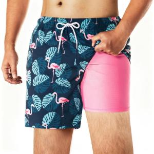 imageBRISIRA Mens Swim Trunks Swim Shorts 6 inch Compression Liner Bathing Suit AntiChafe Quick Dry Stretch PocketsPinkflamingoleaf