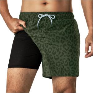 imageBRISIRA Mens 4 inch Swim Trunks with Compression Liner Quick Dry Bathing Suit Beach Swimsuit Board Shorts PocketsBrownleopard