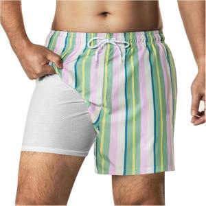 imageBRISIRA Mens 4 inch Swim Trunks with Compression Liner Quick Dry Bathing Suit Beach Swimsuit Board Shorts PocketsPinkGreenstripes