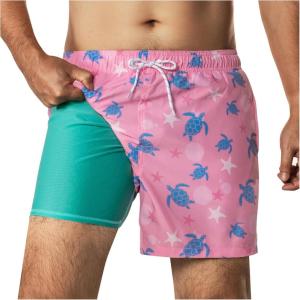 imageBRISIRA Mens 4 inch Swim Trunks with Compression Liner Quick Dry Bathing Suit Beach Swimsuit Board Shorts PocketsPinkturtle