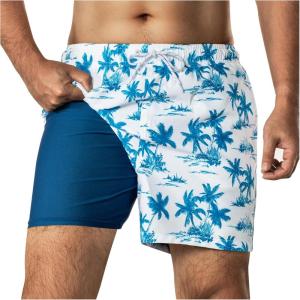 imageBRISIRA Mens 4 inch Swim Trunks with Compression Liner Quick Dry Bathing Suit Beach Swimsuit Board Shorts PocketsWhiteblue Palm