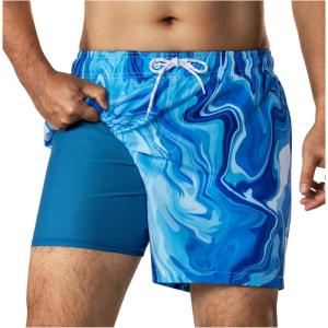 imageBRISIRA Mens Swim Trunks 5 Inch Quick Dry Bathing Suit with Compression Liner Beach Swimsuit Board Shorts PocketsBlue Paint Flow