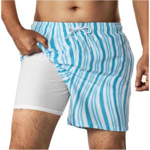 imageBRISIRA Mens Swim Trunks 5 Inch Quick Dry Bathing Suit with Compression Liner Beach Swimsuit Board Shorts PocketsWhite Blue Waves