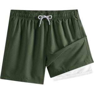 imageBRISIRA Mens Swim Trunks 5 inch Seersucker Beach Shorts with Compression Liner Quick Dry Bathing Suits NoChafing Board ShortArmy Green