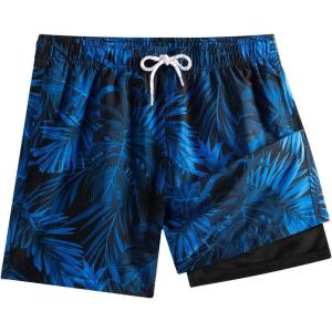 imageBRISIRA Mens Swim Trunks 5 inch Seersucker Beach Shorts with Compression Liner Quick Dry Bathing Suits NoChafing Board ShortBlack Blue Tropical