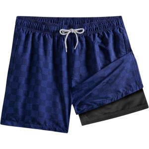 imageBRISIRA Mens Swim Trunks 5 inch Seersucker Beach Shorts with Compression Liner Quick Dry Bathing Suits NoChafing Board ShortBlue Checkered