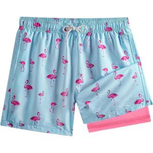 imageBRISIRA Mens Swim Trunks 5 inch Seersucker Beach Shorts with Compression Liner Quick Dry Bathing Suits NoChafing Board ShortBlue Flamingo