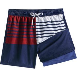imageBRISIRA Mens Swim Trunks 5 inch Seersucker Beach Shorts with Compression Liner Quick Dry Bathing Suits NoChafing Board ShortBlue Red White Stripes