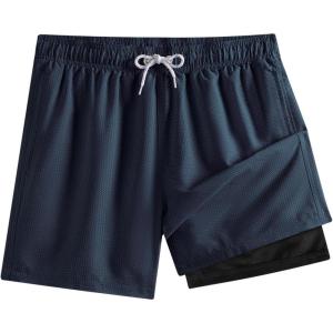 imageBRISIRA Mens Swim Trunks 5 inch Seersucker Beach Shorts with Compression Liner Quick Dry Bathing Suits NoChafing Board ShortDark Blue