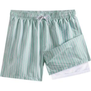 imageBRISIRA Mens Swim Trunks 5 inch Seersucker Beach Shorts with Compression Liner Quick Dry Bathing Suits NoChafing Board ShortGreen Stripes