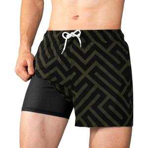 imageBRISIRA Mens Swim Trunks 5 inch Swim Shorts Quick Dry Stretch Bathing Suits with Compression Liner Board Shorts PocketsBlack Maze Grid
