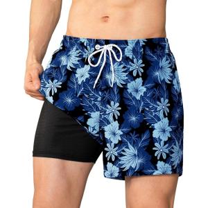 imageBRISIRA Mens Swim Trunks 5 inch Swim Shorts Quick Dry Stretch Bathing Suits with Compression Liner Board Shorts PocketsBlack Shattered Florals
