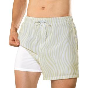 imageBRISIRA Mens Swim Trunks 5 inch Swim Shorts Quick Dry Stretch Bathing Suits with Compression Liner Board Shorts PocketsKhaki Zebra Stripe