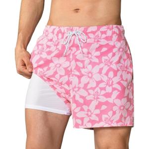 imageBRISIRA Mens Swim Trunks 5 inch Swim Shorts Quick Dry Stretch Bathing Suits with Compression Liner Board Shorts PocketsPink Flowers